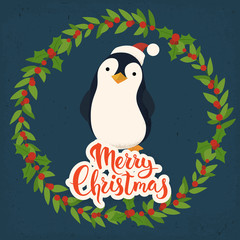 Merry Christmas vector card with penguin in vintage style