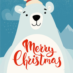 Merry Christmas vector card design with funny Christmas character.