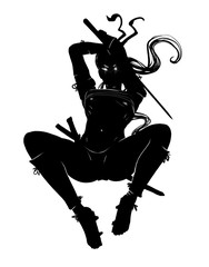 Silhouette of a samurai girl in a deadly jump with sword. 2D Illustration. © warmtail