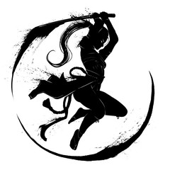 Fototapeta premium Silhouette of a samurai girl in a deadly jump with sword. 2D Illustration.