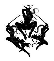 Three female assassins with swords jump attacking in different directions, in beautiful silhouette poses. 2D Illustration. © warmtail