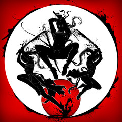 Three ninja girls with Katanas jump attacking in different directions. Against the white circle and red sky. 2D illustration. © warmtail