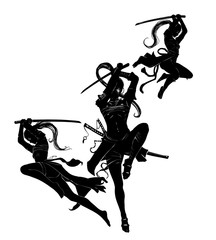Three female assassins with swords jump attacking in different directions, in beautiful silhouette poses. 2D Illustration. © warmtail