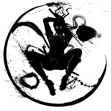 recommend clip art: Silhouette of a samurai girl in a deadly jump with sword. 2D Illustration.