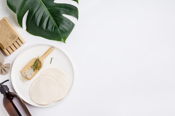 Zero waste cosmetic products, flat lay, copy space
