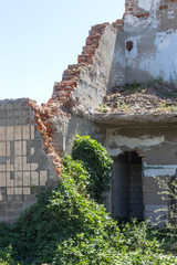 Ruined house. Remains of old houses. Apocalypse. Abandoned city. City of ghosts. Ruins of old...