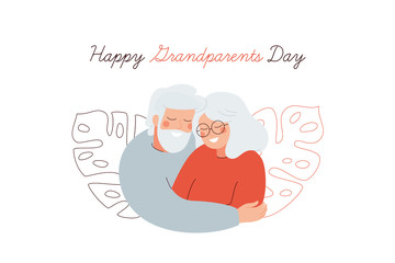 Happy Grandparents Day greeting card. Elderly people embrace each other with love. Vector illustration isolated on white background