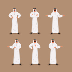 Arab handsome bearded businessman in traditional formal clothes in different poses. Set of saudi Male cartoon character. Vector illustration in cartoon style.