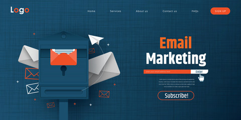 Email marketing, newsletter marketing, email subscription and drip campaign with icon. Flat design, vector illustration on background.