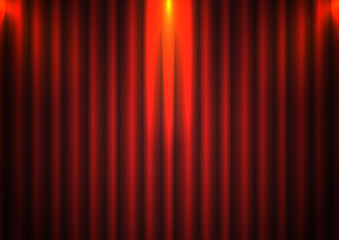Red curtain background with spotlight in theater. Theatrical drapes stage opening ceremony hall movie light closed velvet fabric textile.