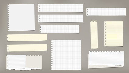 Set of torn white and yellow note, notebook strips, lined and squared paper pieces stuck on grey background. Vector illustration