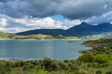 Blue lake in Zahara de la Sierra, Cadiz province, Andalusia, Spain.
