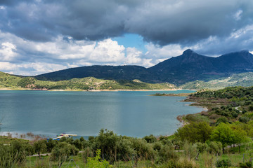 Blue lake in Zahara de la Sierra, Cadiz province, Andalusia, Spain.