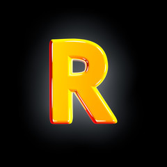 Bright shining yellow alphabet - letter R isolated on black background, 3D illustration of symbols