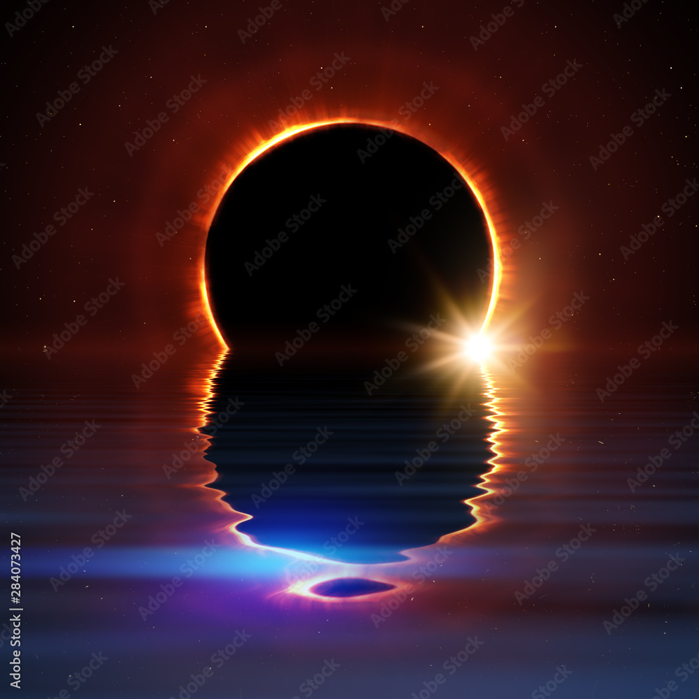Wall mural total sun eclipse water reflection with stars and flare