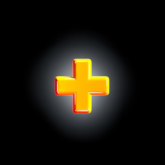 Fototapeta premium Bright polished yellow font - plus isolated on black background, 3D illustration of symbols