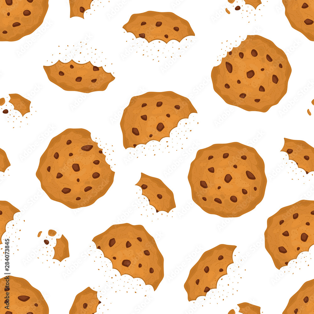 Poster bitten chip cookie with chocolate seamless pattern background. vector