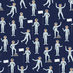 Cartoon Characters Astronauts Person in Different Pose Seamless Pattern Background. Vector
