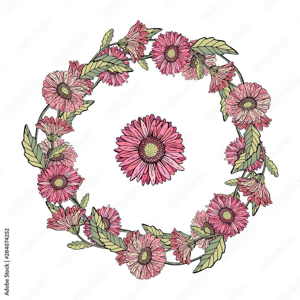 Wall mural Wreath save the date. Gerbera chamomile red, pink, yellow, orange. Vector illustration. Summer and autumn flowers. Isolated on white background. Retro, vintage. For cards, banners, congratulations, we - Wall murals