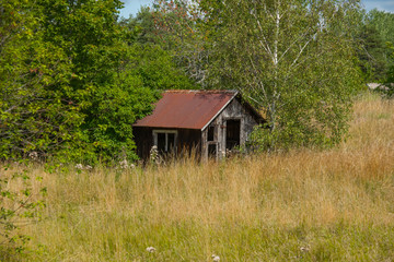 Old Swedish rural Falu red houses at the island Lovö in Stockholm a summer day