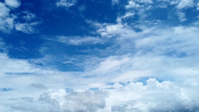 Timelapse of sky ,Copy free space for text on deep blue sky background with white puffy & fluffy cumulus or cumulonimbus cloud in tropical summer climate weather before rain coming soon