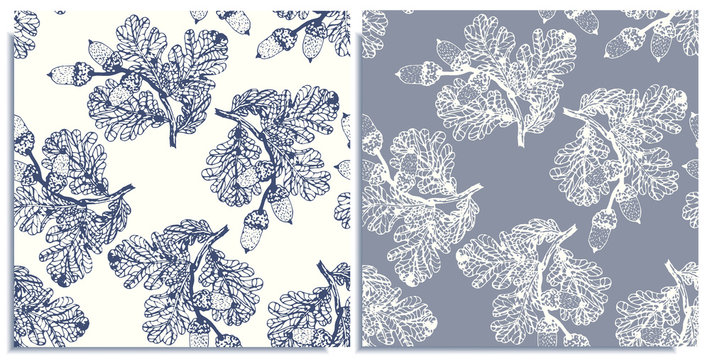 Vector set of seamless patterns with wonderful outline oak branch with leaves, acorns, hand-drawn in graphic and real-style at the same time. Contrast color: white, blue. Good cloth ornament, wrap
