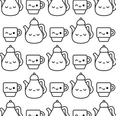 pattern of teapots with cups kawaii style