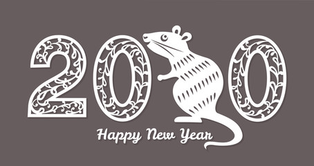 Happy New Year 2020. Rat zodiac sign on the Chinese calendar. Numbers design  for laser cutting, plotter cutting, paper cut or print. Template  with lace patterns.