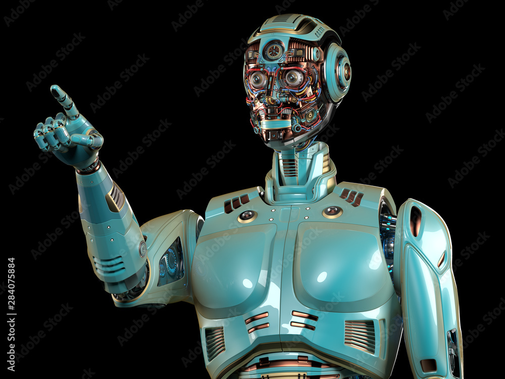 Poster robot man with pointing hand or finger. futuristic android man or cyborg. front closeup view isolate