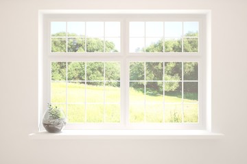 Stylish empty room in white color with summer landscape in window. Scandinavian interior design. 3D illustration