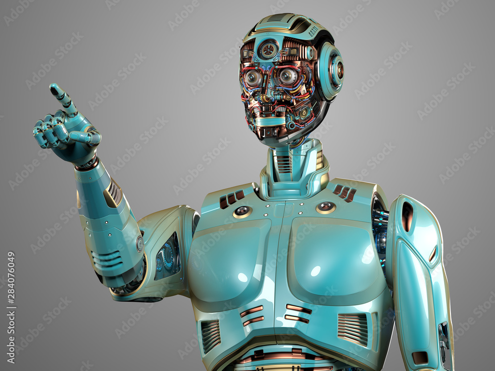Poster robot man with pointing hand or finger. futuristic android man or cyborg. front closeup view isolate