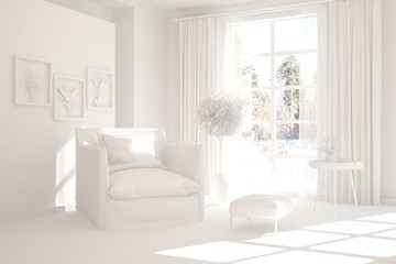 Mock up of stylish room in white color with armchair. Scandinavian interior design. 3D illustration