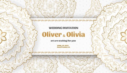 Set of wedding invitation templates with floral paisley and mandala. Flower and leaves patterns. Golden ornaments. Vector illustration.