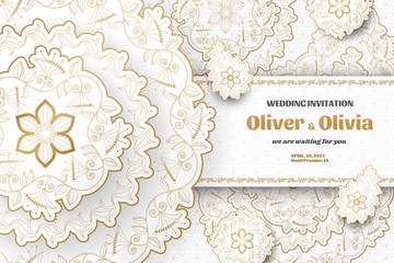 Set of wedding invitation templates with floral paisley and mandala. Flower and leaves patterns. Golden ornaments. Vector illustration.