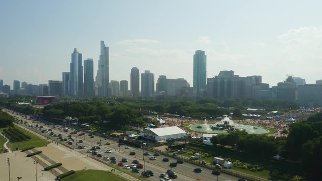 Aerial Crane Shot to Reveal Crowds during Lollapalooza in Chicago, Illinois - Commercial Use