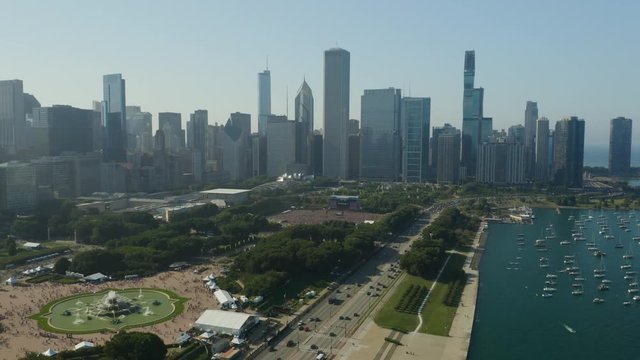 Aerial Panoramic View of Lollapalooza Crowds near Buckingham Fountain - Commercial Use