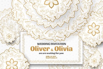 Set of wedding invitation templates with floral paisley and mandala. Flower and leaves patterns. Golden ornaments. Vector illustration.
