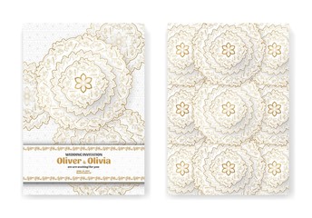 Set of wedding invitation templates with floral paisley and mandala. Flower and leaves patterns. Golden ornaments. Vector illustration.