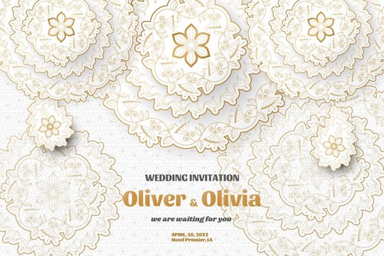Set of wedding invitation templates with floral paisley and mandala. Flower and leaves patterns. Golden ornaments. Vector illustration.