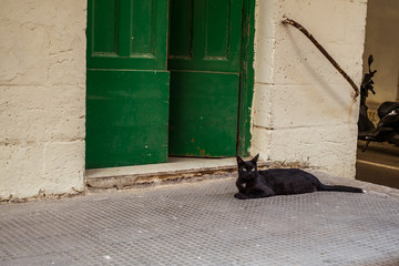 street with traditional balconies and old buildings in historical city Valletta Malta