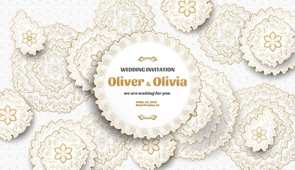 Set of wedding invitation templates with floral paisley and mandala. Flower and leaves patterns. Golden ornaments. Vector illustration.