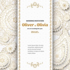 Set of wedding invitation templates with floral paisley and mandala. Flower and leaves patterns. Golden ornaments. Vector illustration.