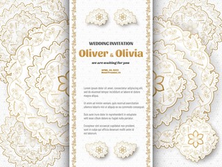 Set of wedding invitation templates with floral paisley and mandala. Flower and leaves patterns. Golden ornaments. Vector illustration.