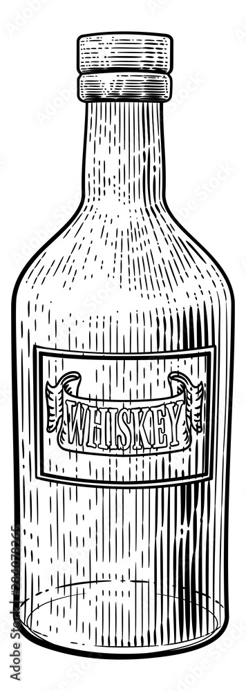 Poster Glass Whiskey drink bottle in a vintage retro woodcut etching or engraved style