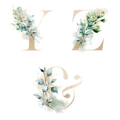 Floral alphabet, letters with watercolor flowers and leaf. Gold monogram initials perfectly for wedding invitations, greeting card, logo, poster and other. Holiday design hand painting.