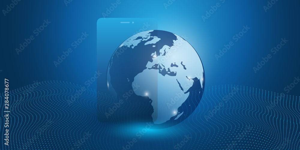 Poster global networks design with earth globe and smartphone silhouette - vector template for your busines