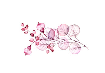 Transparent floral set isolated arrangement of exotic flower, berries, leaves, branches in pastel pink, grey, violet, purple, vintage ornament, wedding design, stationery card print