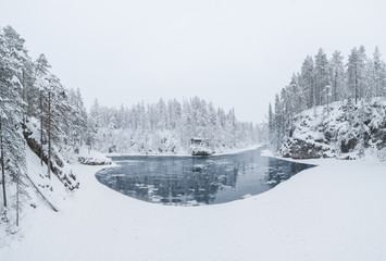 Aerial panorama view of Myllykoski scenic spot in Oulanka National Park, Finland