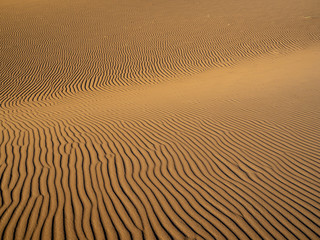 Sand dunes in Morocco, desert landscape, sand texture, tourist camp for night stay, panorama view of sunset over Sahara