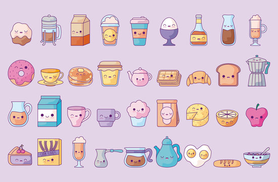 cute set icons style kawaii